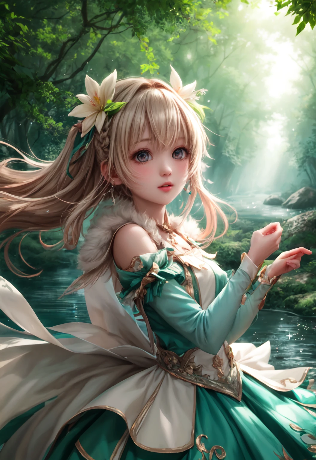 girl in a forest with floating flowers, river, puffy, puffy cheeks, cute,
vibrant colors, colorful art style, 
soft lighting, soft shadows, detailed textures, dynamic lighting,  
nice hands, perfect hands, 
<lyco:GoodHands-beta2:1.0> 
<lora:add_detail:1>