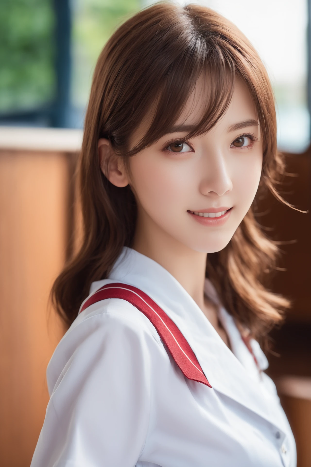 High detail RAW color sensual photo of 18 yeays old girl japan student uniform with perfect face and perfect bright eyes, pale skin and freckles, perfect face,
(detailed facial features),
(((Japanese high-school uniform ))),
brown eyes, blush, brown hair, long hair, looking at viewer, medium breasts, school background, smile, solo, tongue, tongue out, underboob, incredibly absurdres, best quality,
<lora:PrgXL_V1:0.45>