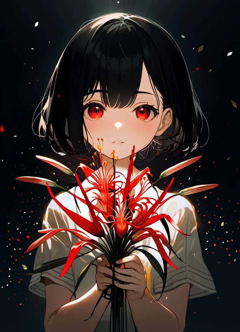 face focus, cute, masterpiece, best quality, 1girl holding lycoris, black background, light particle, solo, black hair, red eyes, standing, pixiv, depth of field, cinematic compotision, best lighting, looking up