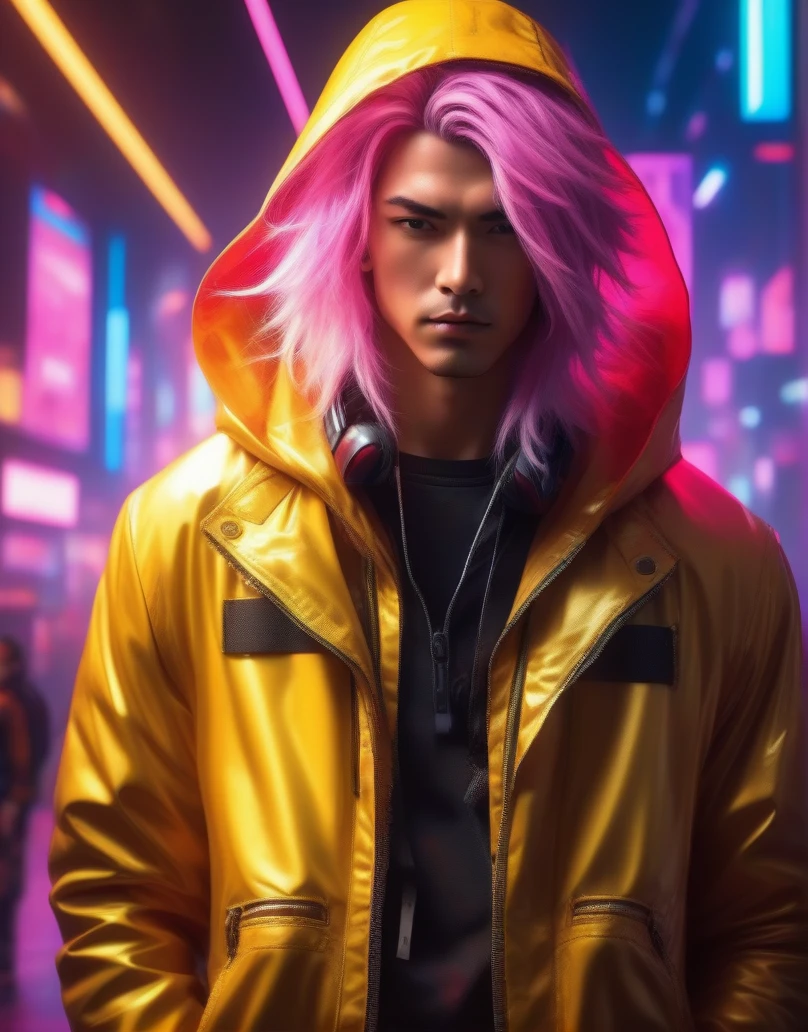 ((Best quality)), ((masterpiece)), (highly detailed:1.3),  ((anime style))  ,HDR (High Dynamic Range),Ray Tracing,NVIDIA RTX,Super-Resolution,Subsurface scattering,Post-processing,Anisotropic Filtering,,Two-tone lighting,White balance,Rule of thirds,8K RAW, (long hair, pink headphone) solo, manly cyberpunk man with thick voluminous hair wearing a leather hooded jacket,  lucy \(cyberpunk\),((Yellow jacket)), ((open jacket)), hip-hop pant, (detached sleeves), pouch, (white hair), (multicolor hair), (beautiful detailed hair) ,(hair blowing), red eyeliners, stronger male, beautiful eyes, detailed beautiful shiny skin, cute, perfect skin, shiny skin, 30 years old , (small breasts), sharp face, (midriff:1.2), (depressing), (angry), sweat, wet, neon, cyberpunk, science fiction,(fighting stance), (golden wires), (narrow waist:1.4), looking at viewer, cinemetic lights, (manga:1.1), (various clutter and mess in background:1.1), (light particles), (lush detailed),(stunning), (dynamic perspective shot, medium shot), portrait, (sharp focus) , colorful light, night, (cyberpunk shopping mall background), standing in the shopping mall, futuristic, ((cyberpunk background))
