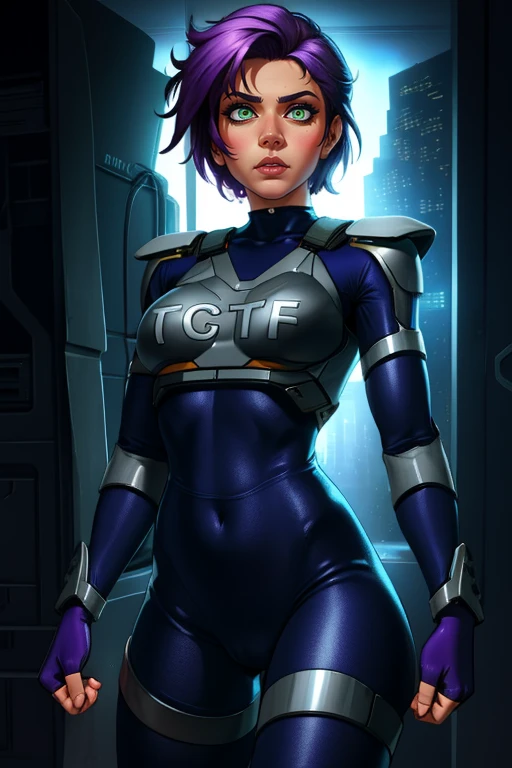 Kanoko, spiked purple hair, green eyes, solo, standing, close up, cowboy shot,
KanArmor, (navy blue tight bodysuit) ,grey shoulder pads, grey knee pads,fingerless gloves,cybercop, cameltoe,
cyber police station, window, midnight,
(insanely detailed, beautiful detailed face, masterpiece, best quality)
<lora:Kanoko-10v3:0.8>