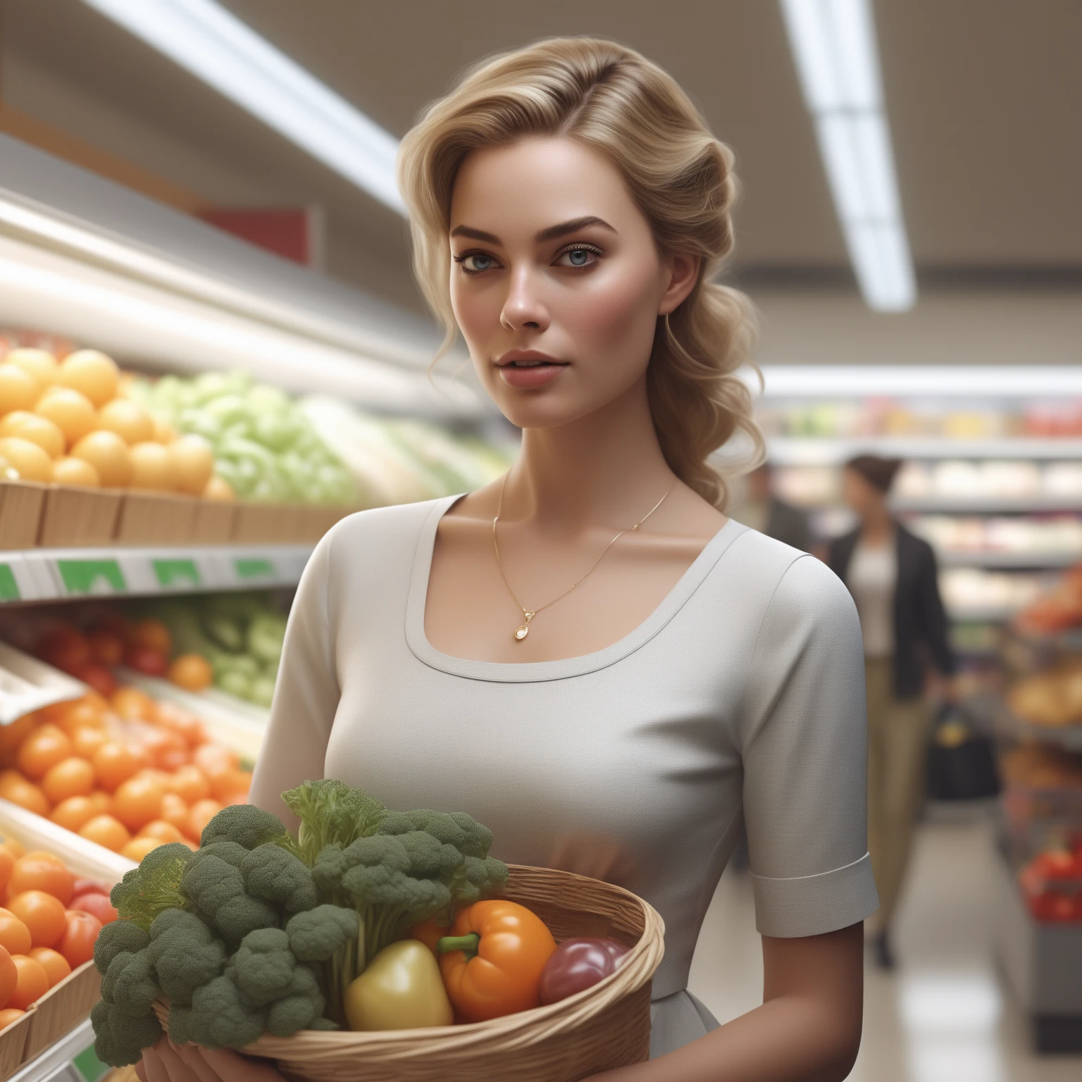 a vogue portrait of a (ohwx woman) <lora:margot_lora_sdxl_v1-000006:1> , in Walmart, buying groceries, bread, fresh vegetables, fresh fruit, artstation, cgsociety, very detailed, intricate, detailed illustration, by artgerm and greg rutkowski and alphonse mucha, octane render, unreal engine, hyperrealism
