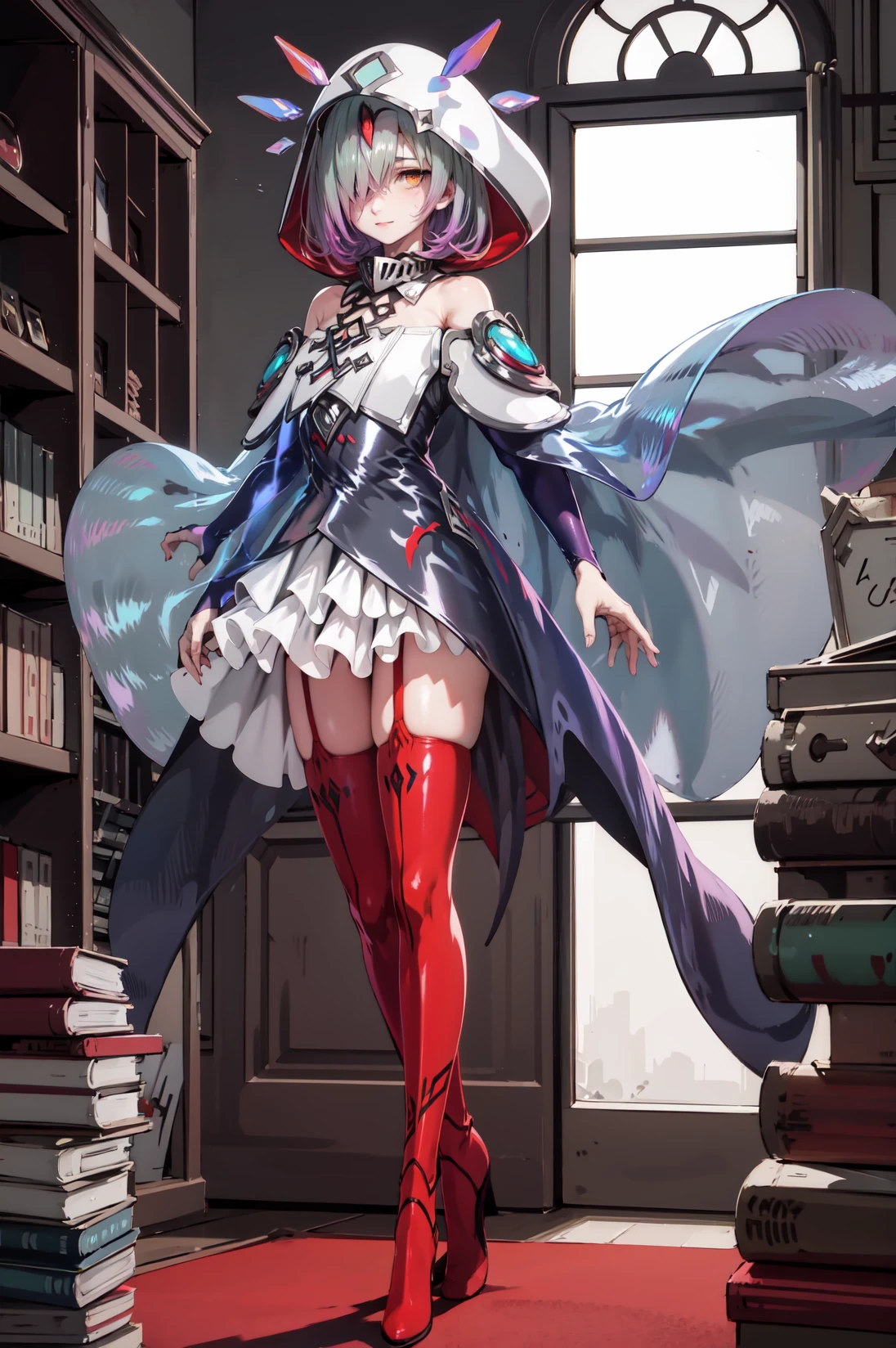 Standing with hands clasped, eyes looking upwards,evil smile,upper body,<lora:kvasirV2:0.9>,kvasir,see-through cape,thighhighs,hair over one eye, hood, bare shoulders, red thighhighs, boots, dress, thigh boots, floating, bridal gauntlets, closed mouth, red footwear, wide sleeves,indoors,(masterpiece, best quality, ultra-detailed, best shadow)