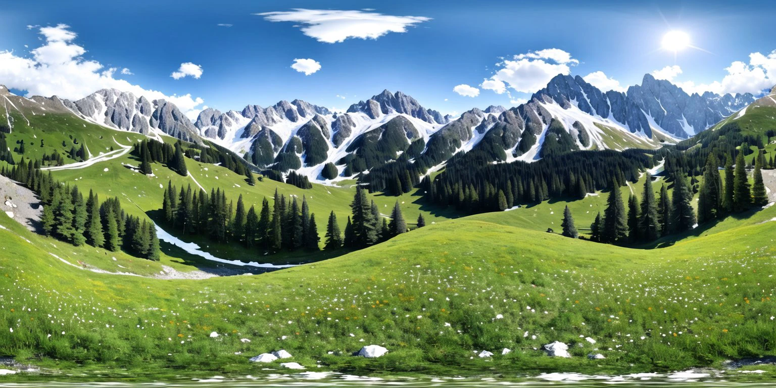 <lora:360:1>, panorama,
no humans, austrian alps meadow. mountains in the background. snowy peaks. summer. sun. nice weather. photography. mountain lake