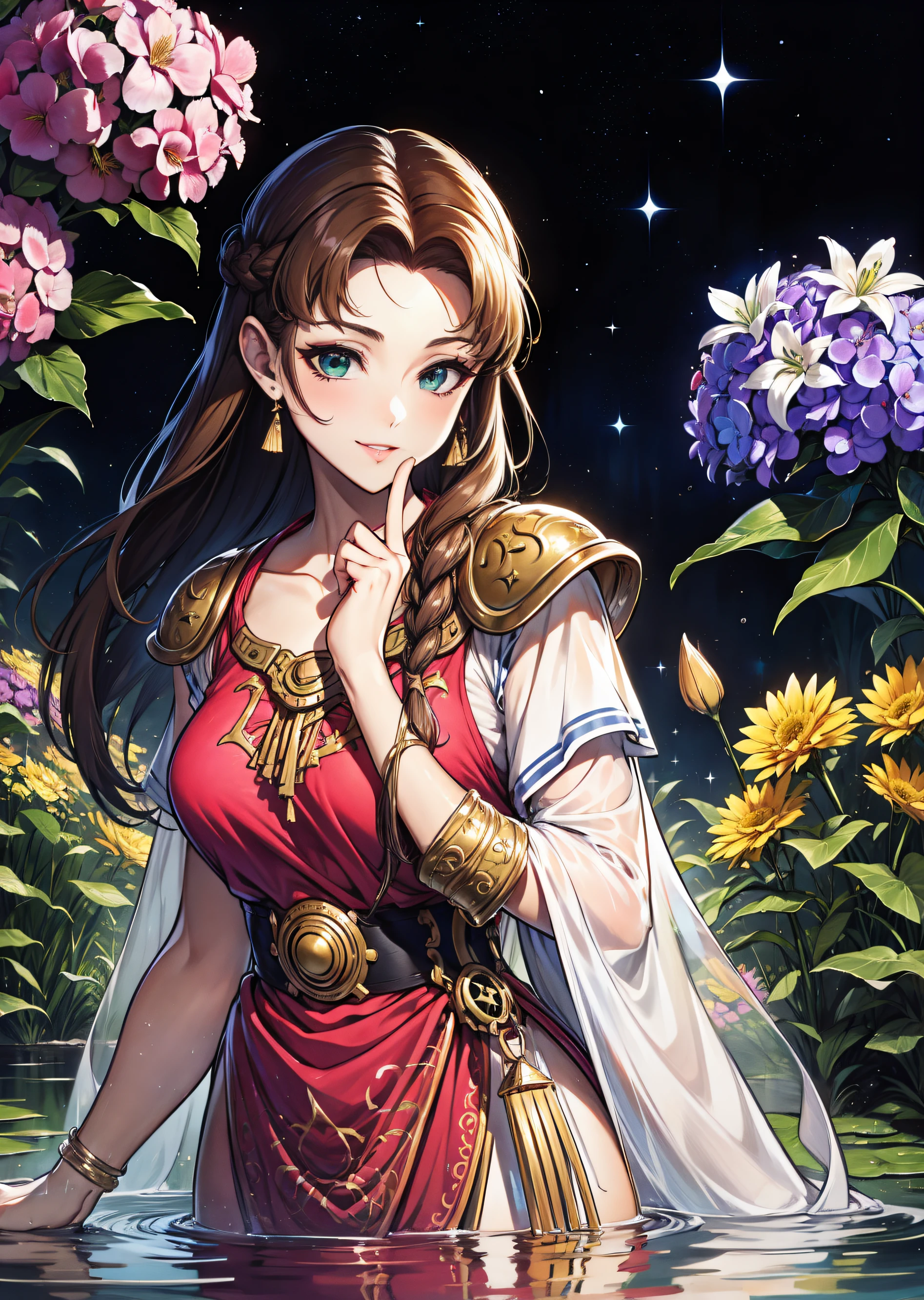 (Masterpiece, Best Quality), (Traditional Media:1.2), highres, (Manga:1.2), (8k resolution), (ultra-detailed), (cinematic scene:1.1), centered, dynamic portrait, upper body, cowboy shot, (mature female:1.3), (aged up), (glossy lips, nose, long face:1.2), elegant, solo, (light sparkles), colorful eyes, perfect face, soft makeup, (perfect female figure), nintendo, dynamic posture, aerith gainsborough, pink dress, emerald green eyes, smile, holding a white lily, (Game character), detailed eyes, tsurime, looking at viewer, buttercups, ((bangs)), naughty face, (curvy), (appliques), light sparkles. embroidery, intricate, (details:1.2), (rim lighting:1.1), [outline], magical, very long hair, French braid, (sidelocks), detached sleeves, camellia, hydrangea,  light petals, large breasts, reflection, shiny hair, colorful, contrapposto, atmosphere, scenery, magical gold pond, extremely detailed background, (details:1.2), floating particles, (depth of field:1.2), sharp focus, [plump], (high fantasy:1.2),  2.35:1 (Cinemascope) aspect ratio, bloom, flowers, pond, reflective water, gradient sky, <lora:alexFloresStyle_v10:0.2>,  <lora:zeldaALBWAlttp_zeldaALBWV1:0.65>,  <lora:Blacklight_v1:0.7>