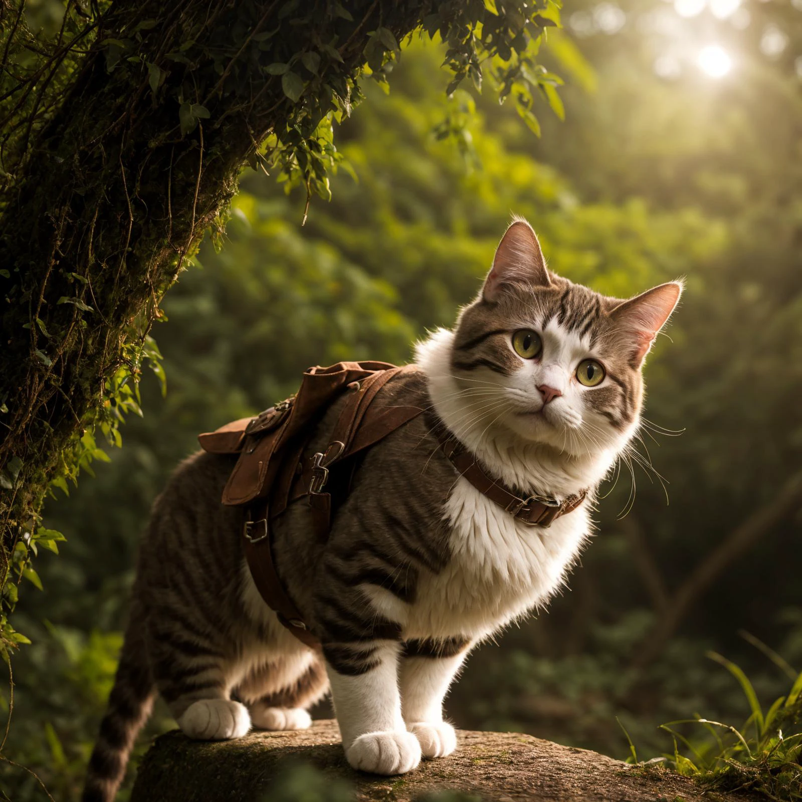 (a cat_adventurer), (adventurer outfit:1.3), searching for treasure, epic overgrown temple ruin, epic scene, lush plants,dynamic camera, backlight, (close up:1.3), high quality photography, 3 point lighting, flash with softbox, 4k, Canon EOS R3, hdr, smooth, sharp focus, high resolution, award winning photo, 80mm, f2.8, bokeh