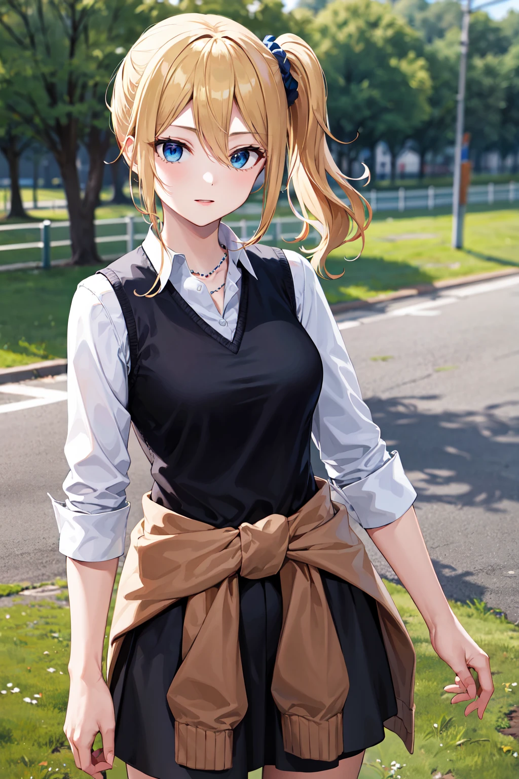 masterpiece, best quality, highres, aahayasaka, side ponytail, medium breasts, necklace, collared shirt, black vest, sleeves rolled up, clothes around waist, black skirt, <lora:hayasaka_ai_v2:0.7>, outdoors, standing, cowboy shot