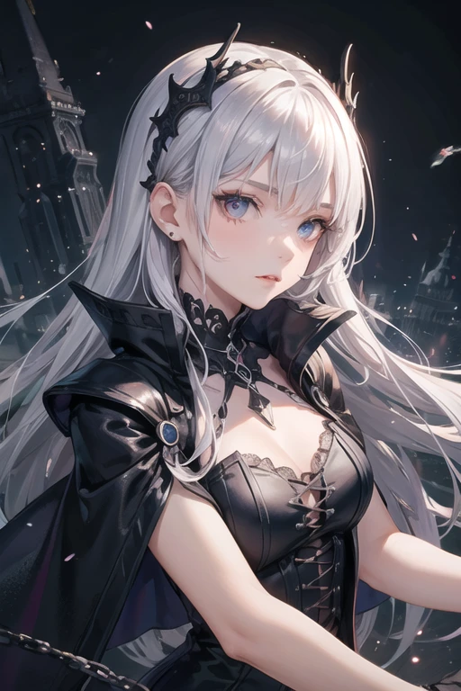 european 1girl,solo,20yo,beautiful face,silver hair, long hair,(braid :0.4),black armored with gothic dress,fantasy,