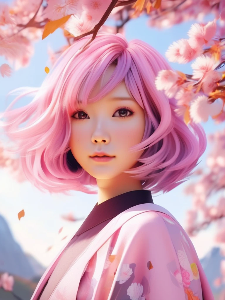 Asian woman stands under sakura, cute face, pink hair, bob hairstyle, leaves fall, autumn, landscape, high detailed, cinematic scene, (masterpiece,best quality:1.5)