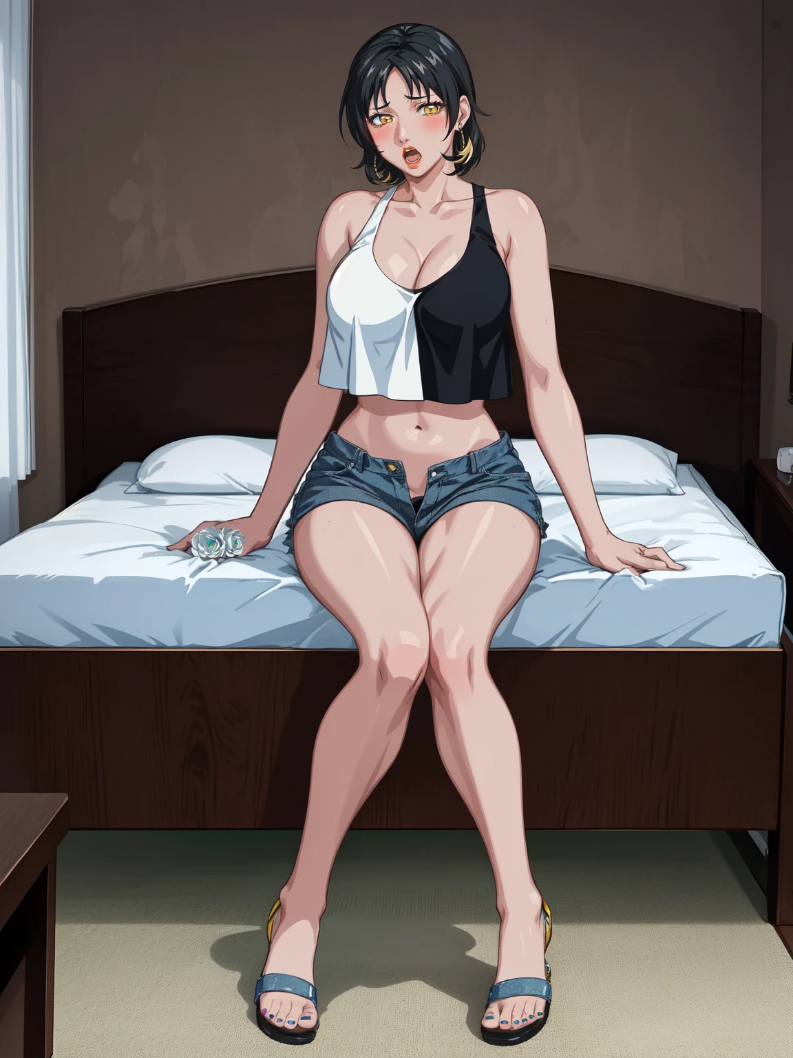 (highres, high quality, best quality:1.3), intricate details, vibrant image, colorful, volumentric lighting, bibleblack,
YukikoMinase, 1girl, solo, sitting, crossed legs, full body shot, looking at viewer, messy room, bed, too many sex toys, 
(blush:1.1), shy, open mouth, 
 [black hair:green hair:30], short hair, lipstick, eyelashes, yellow eyes, detailed eyes, perfect face, jewelry,
(two-tone:1.2), (multicolored clothes:1.1), tank top, denim shorts, short shorts, (open fly:1.2), sandals,
curvy, midriff, navel, large breasts, (cleavage:1.1),
<lora:YukikoMinase:1> <lora:bb-style:0.3>