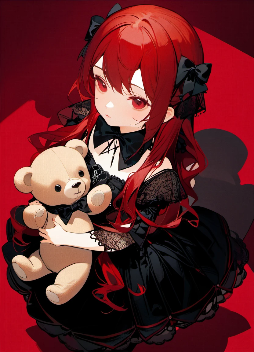 red background, close up, masterpiece, best quality, solo, red hair,
1girl holding teddy bear, from above, cute, gothic dress, looking at viewer, pixiv, depth of field
