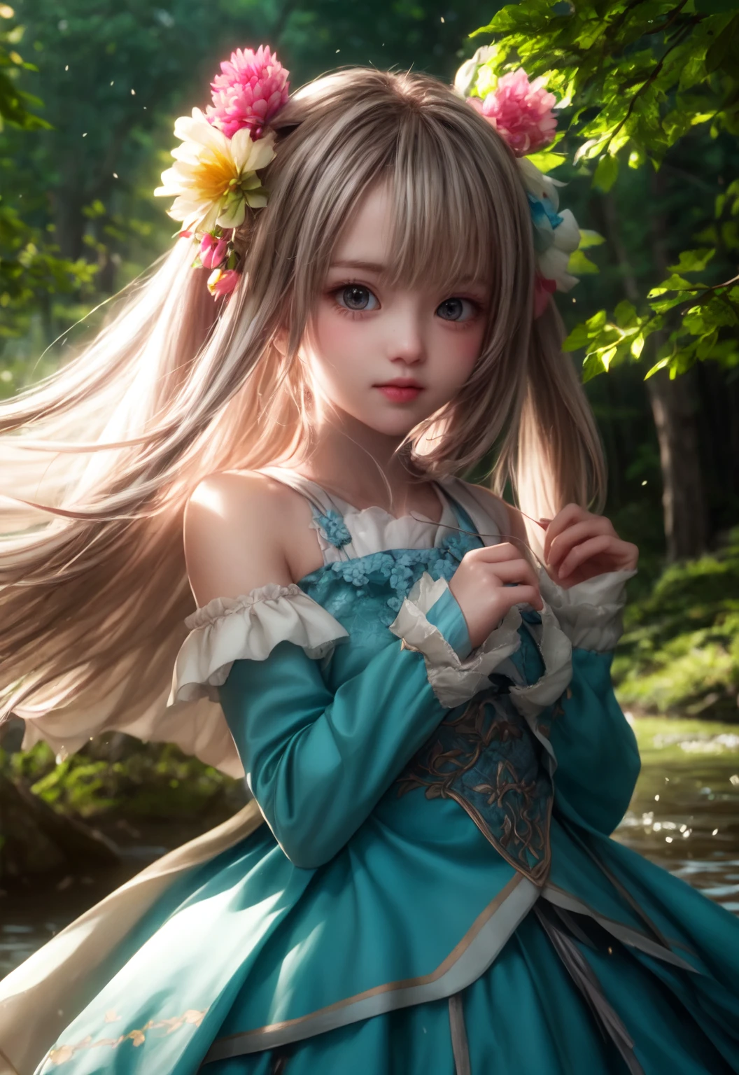 girl in a forest with floating flowers, river, puffy, puffy cheeks, cute,
vibrant colors, colorful art style, 
soft lighting, soft shadows, detailed textures, dynamic lighting,  
nice hands, perfect hands, 
<lyco:GoodHands-beta2:1.0> 
<lora:add_detail:1>