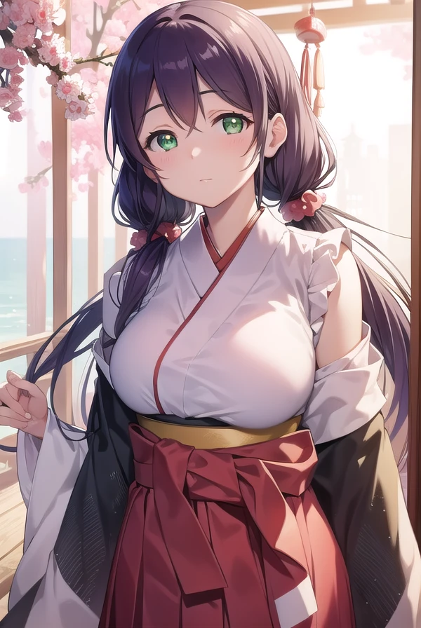 nozomitoujou, <lora:nozomitoujoutest:1>,
nozomi toujou, (green eyes:1.5), purple hair, twintails, low twintails, scrunchie, long hair, (large breast:1.2),
BREAK hakama, hakama skirt, japanese clothes, miko, red hakama,
BREAK looking at viewer,
BREAK outdoors, shrine,
BREAK <lora:GoodHands-vanilla:1>, (masterpiece:1.2), best quality, high resolution, unity 8k wallpaper, (illustration:0.8), (beautiful detailed eyes:1.6), extremely detailed face, perfect lighting, extremely detailed CG, (perfect hands, perfect anatomy),
