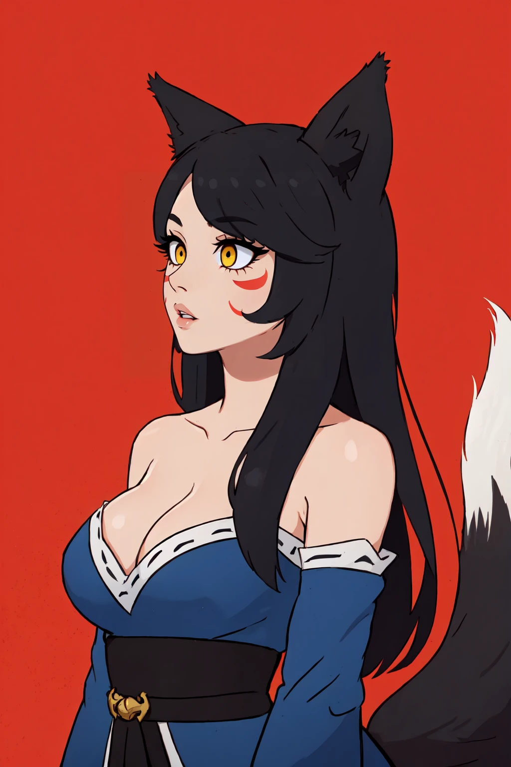 1girl, solo, long hair, large breasts, black hair, animal ears, cleavage, bare shoulders, medium breasts, blue hair, collarbone, tail, yellow eyes, upper body, parted lips, detached sleeves, lips, looking to the side, fox ears, fox tail, facial mark, looking away, slit pupils, multiple tails, red background, whisker markings, korean clothes