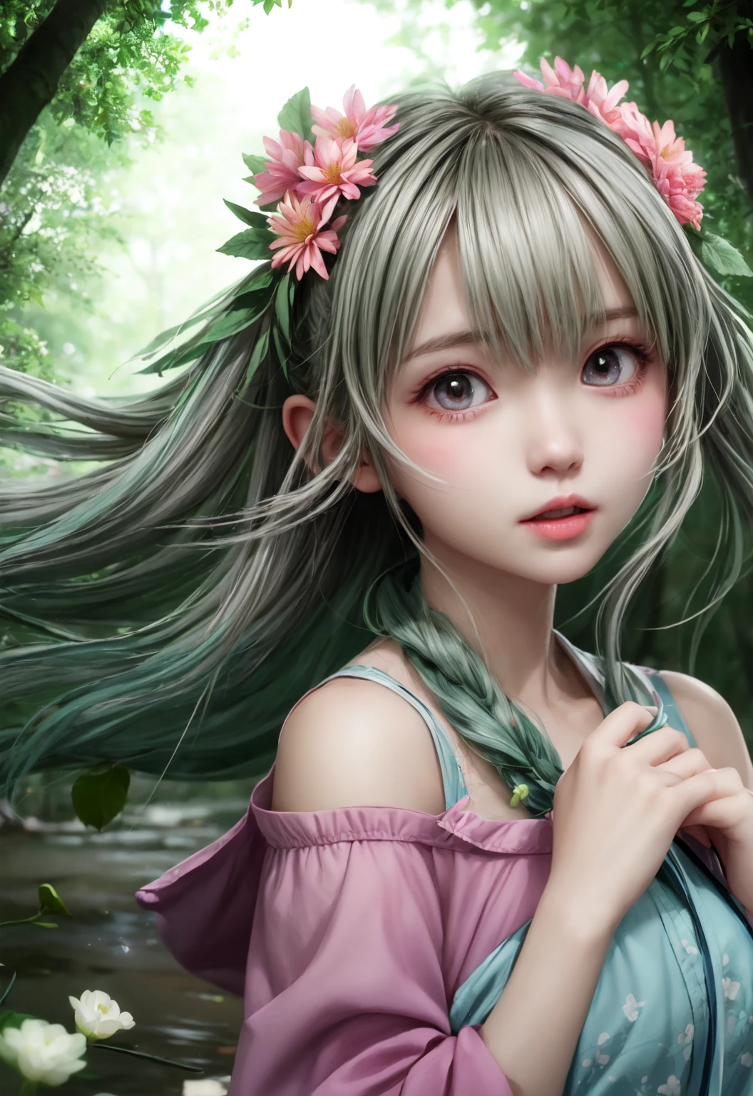 Anime girl with long hair and flowers in her hair - SeaArt AI