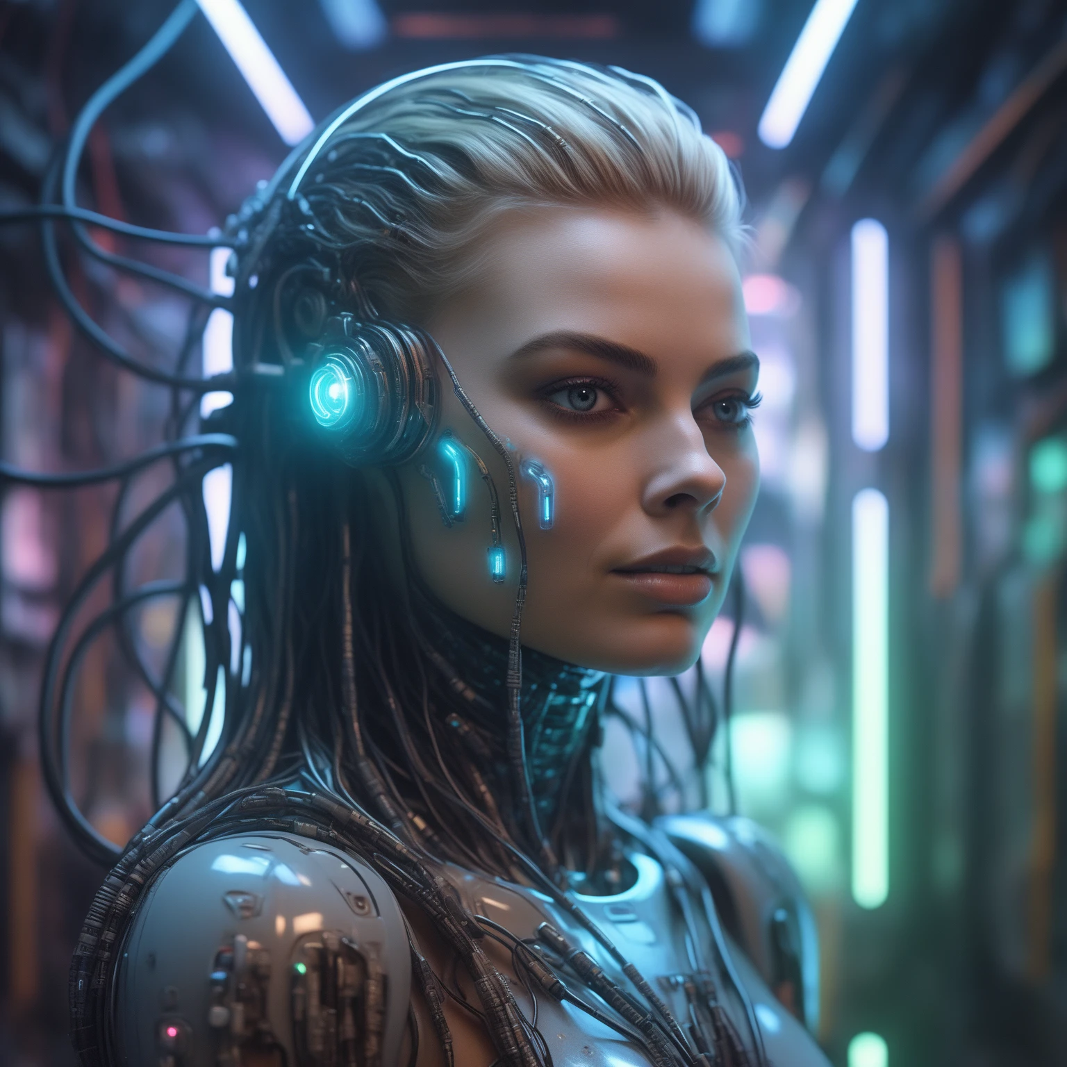 (ohwx woman) <lora:margot_lora_sdxl_v1-000006:1> cyborg, surrounded by cables , illustrated by Greg Rutkowski and H.R. Giger, 35mm lens, beautiful macro close-up imagery, vibrantly lush neon lighting, beautiful volumetric-lighting-style atmosphere, a futuristic atmosphere, intricate, ultra detailed, photorealistic imagery, trending on artstation, 4k, 8k