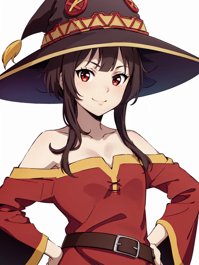 1girl, megumin, solo, red eyes, looking at viewer, brown hair, witch hat, dress, belt, upper body, hands on hips, simple background, <lora:megumin-ALK:0.9>, detached sleeves, off-shoulder dress, smile