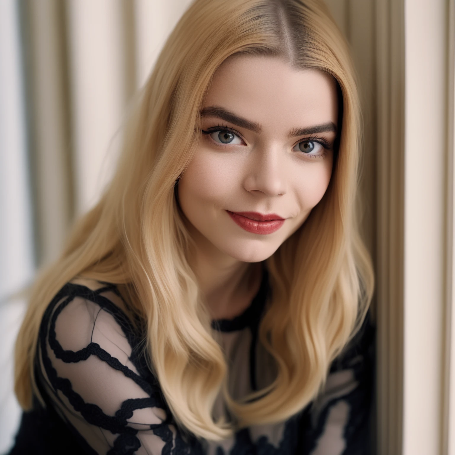 close-up headshot of ohwx woman, beaming smile, in a fashion shooting, at Great chamber, analog, slim figure, <lora:anya_lora_sdxl_v1-000008:1>  <lora:offset_0.2:1>