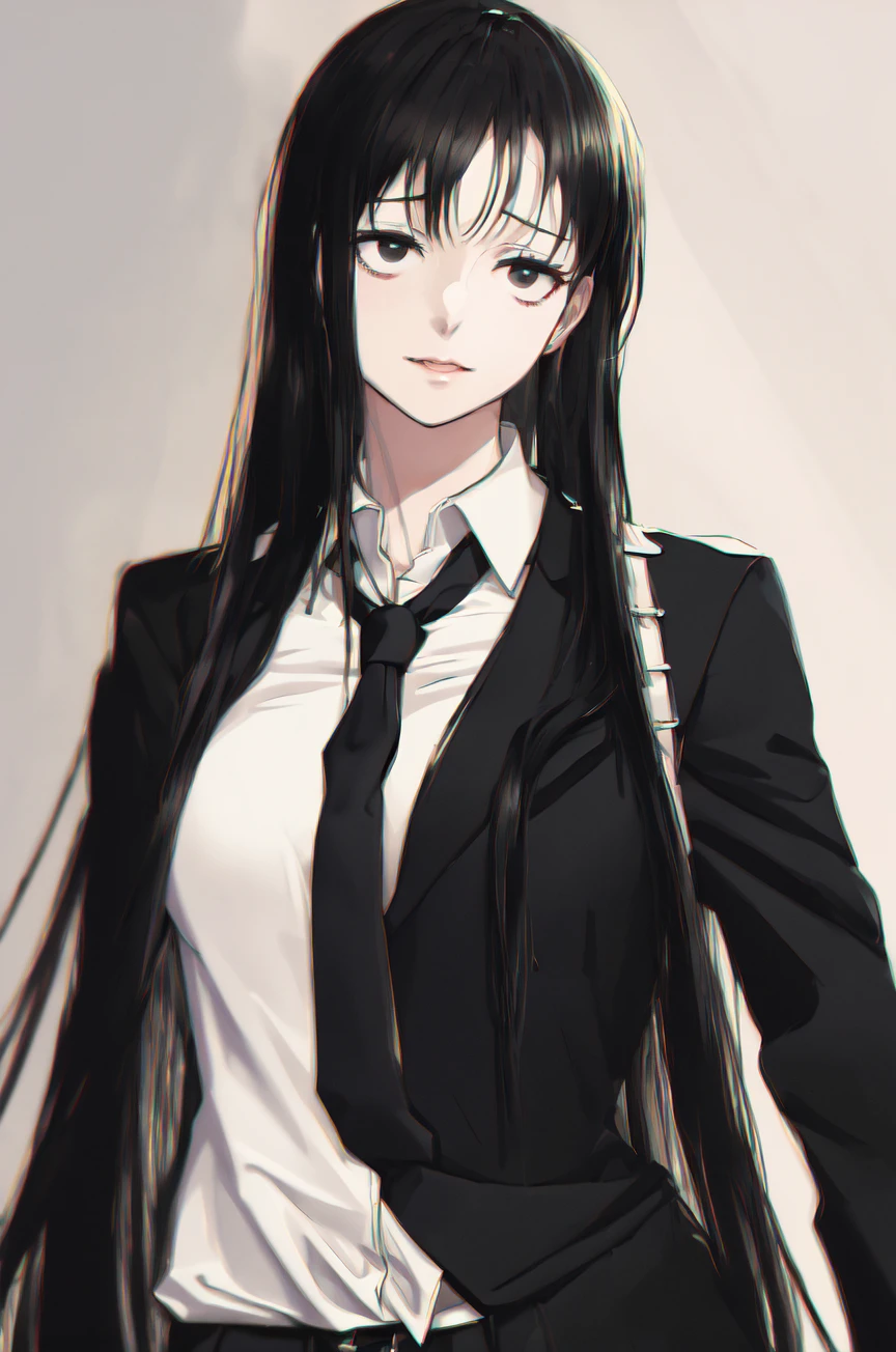highres, sharp focus, pixiv masterpiece, ((intricate details)), highly detailed, 1girl, long neck, upper body, koumori_kuroko, bags under eyes, long hair, black hair, (black eyes:1.2), tie, very long hair, black suit, <lora:Koumori_Kuroko_Murcielago:1>