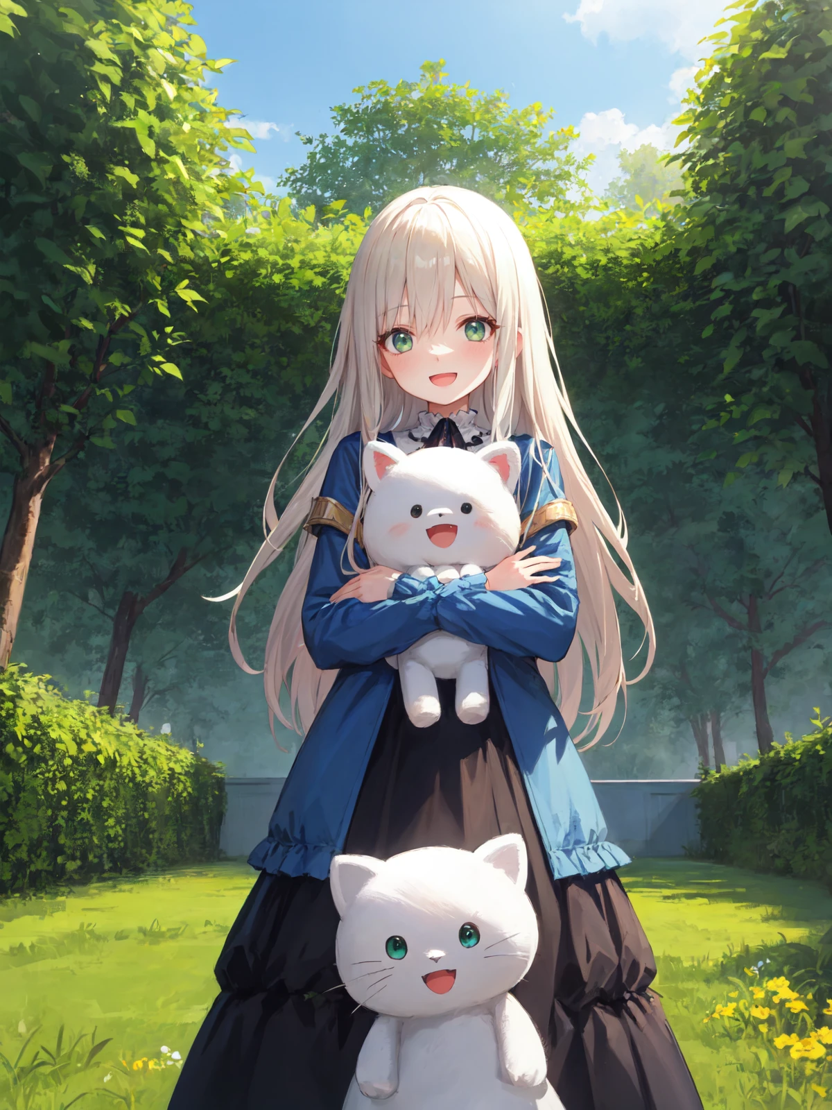 1 girl, best quality, amazing intricate, 
platinum blond hair, long hair, straight hair, green eyes, round eyes, (happy:1.2), :D, 
from front, from below, portrait, Hugging a big stuffed cat, 
blue gothic dress, leaf line puttern, 
garden, white wall, grass, tree, sky