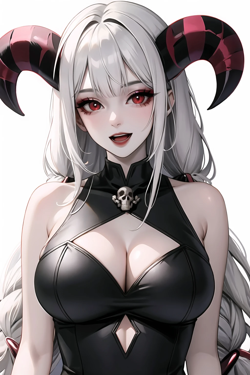 1girl, horns, red eyes, solo, long hair, dress, black dress, looking at viewer, bare shoulders, white hair, cleavage, braid, clothing cutout, smile, pale skin, grey hair, skull, white background, bangs, large breasts, red moon, makeup, open mouth, demon horns, upper body,shiny,shiny skin,milf,(mature female:1.2),<lora:fashigirl-v6-nai-5ep-resize:0.7>