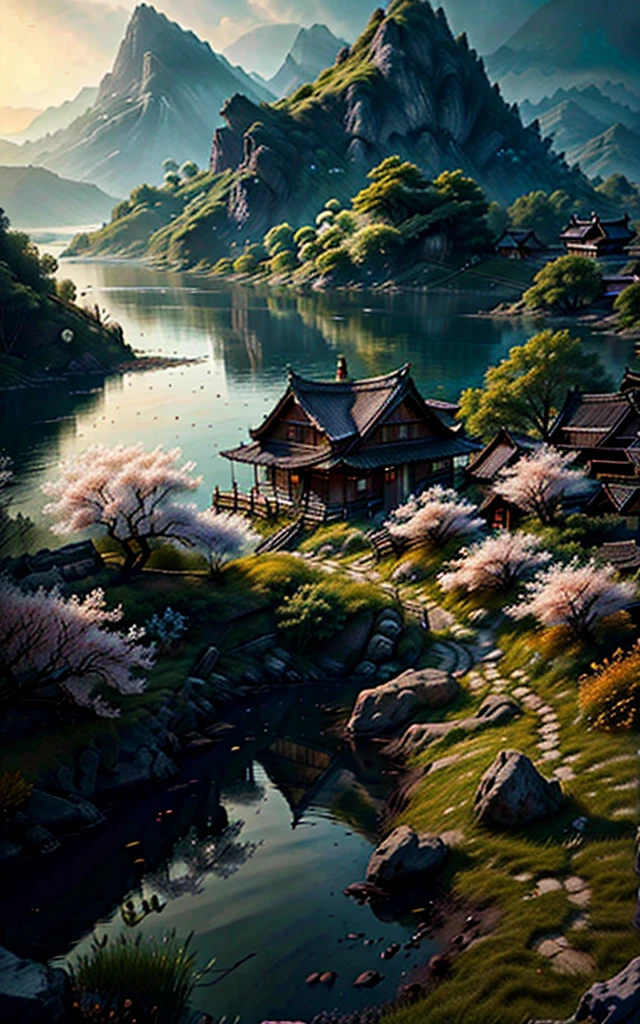 (best quality,ultra-detailed,8k uhd,ultra high res,cinematic scenes, masterpiece,dramatic lighting,extremely detailed CG unity wallpaper) ,an empty scene,a house by the lake in summer,<lora:ChineseStyleAncientlandscape_v1_150:1>