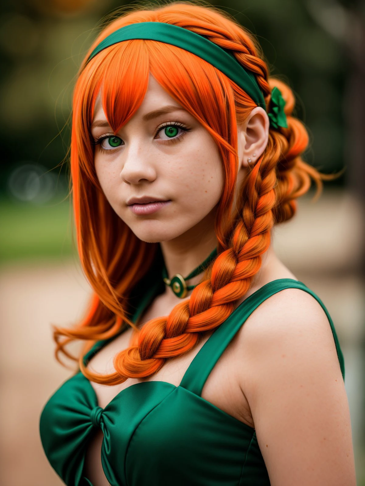 (Highest Quality, 4k, masterpiece, Amazing Details:1.1), Shallow Depth of Field, E671, lens 50mm f/2.0, ((young_woman,cosplay, Green and dark orange hair styled as French twist)), (photorealistic) (RAW Photo)