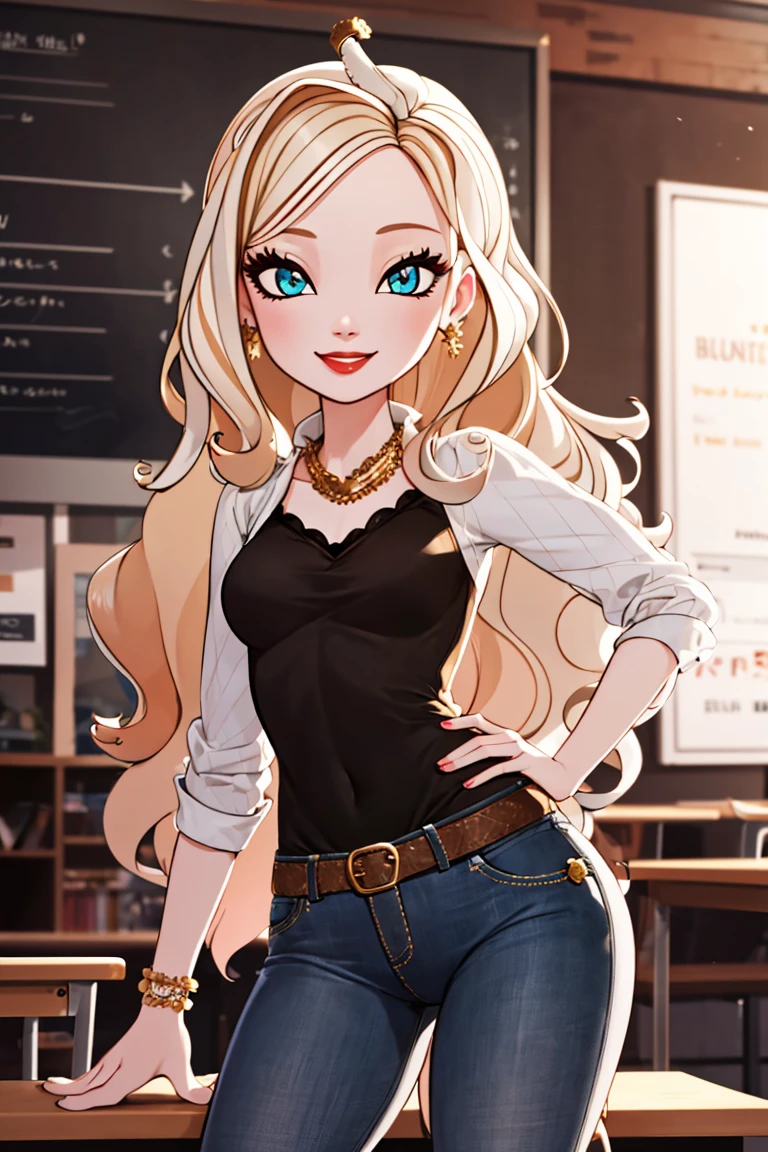 ((masterpiece,best quality)), absurdres,
<lora:Apple_White_EAH:0.7>, Apple_White_EAH, black shirt, denim jeans,
solo, smiling, looking at viewer, cowboy shot,
school background, cinematic composition, dynamic pose,