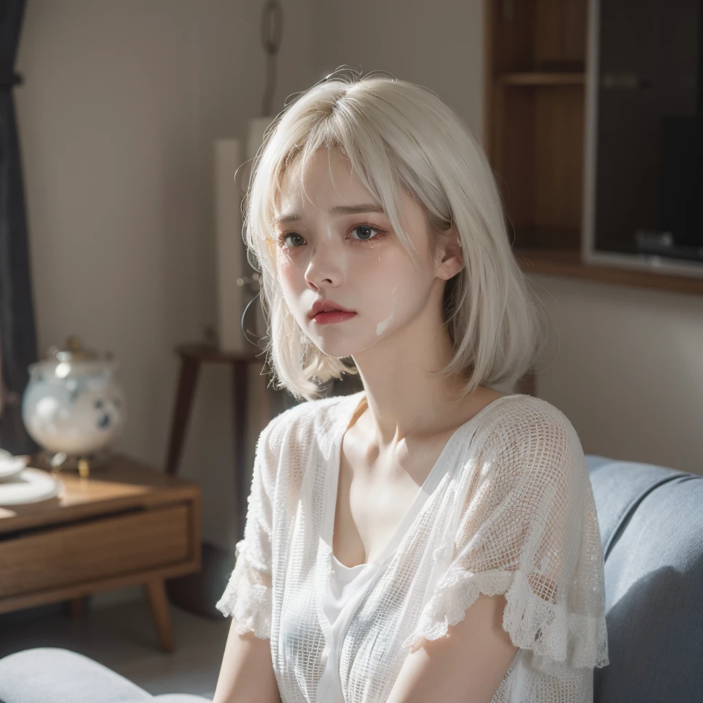 Best quality,masterpiece,ultra high res,photorealistic,raw photo,unity 8k wallpaper,vivid color,dynamic pose,fashion,living room,upper body,warm tone,
1girl,elegant,lazy,lonely,(white hair:1.2),(sad, frown, crying:1.2),charming saturation, 
<lora:MengX girl_Mix_v30:1>,