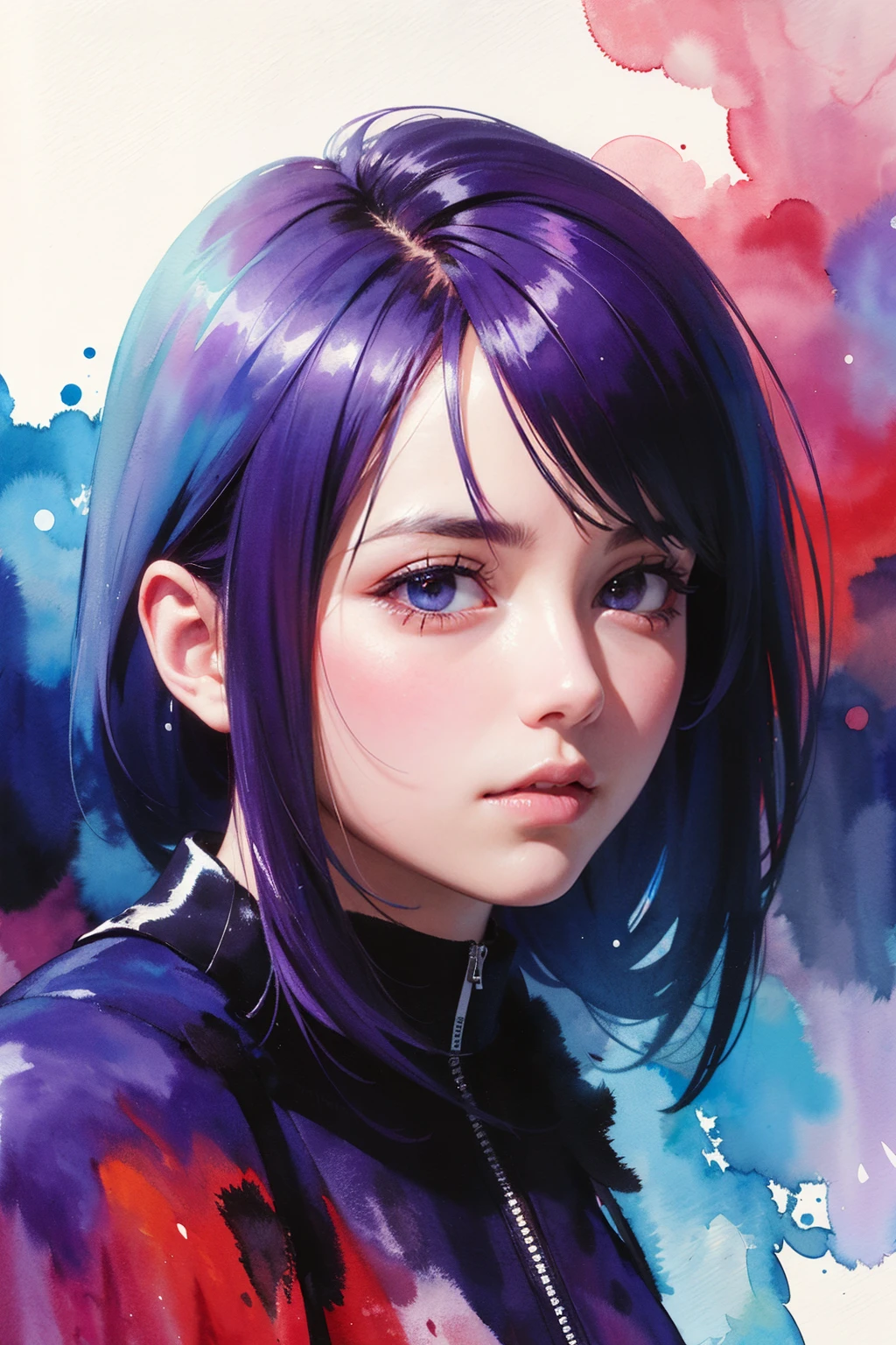 fantasy,high contrast,ink strokes,explosions,over exposure,purple and red tone impression,abstract,((watercolor painting by John Berkey and Jeremy Mann )) brush strokes,negative space,masterpiece,best quality,(photorealistic:1.4),(ultra detailed:1.3),masterpiece,unity 8k wallpaper,1girl,