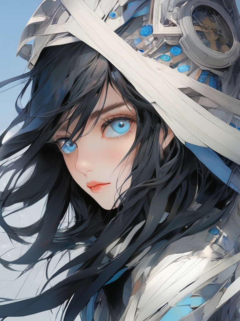 young women :blue eyes :black hair :highly detailed :deconstructivism style, (masterpiece,best quality:1.5)