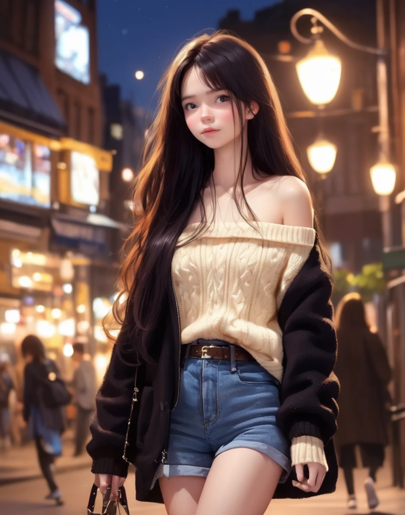 (best quality, masterpiece), 1girl, (16 years old), sweater, jacket on shoulders, crossbody bag, , long hair, black hair, off shoulder, fullbody, city in the night