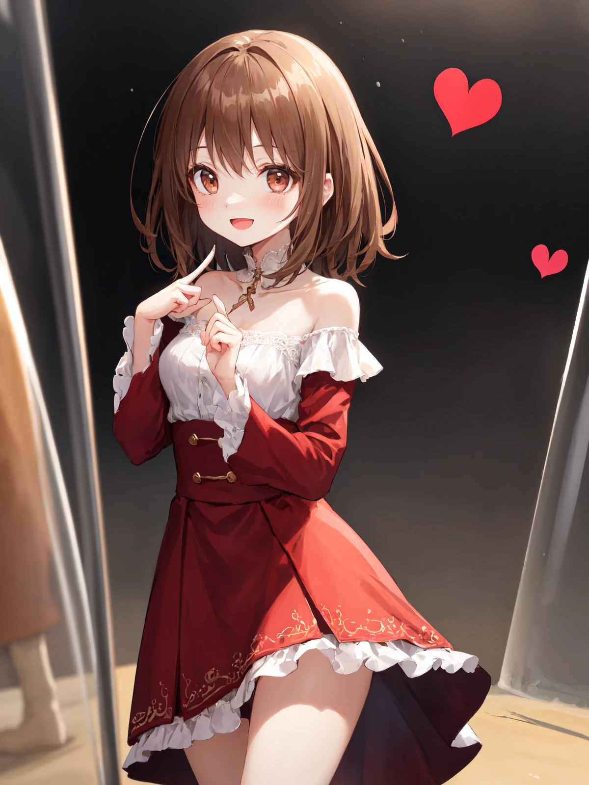 1 girl, best quality, amazing intricate, round eyes, happy, :d, medium breast,
light brown hair, medium hair, , hair tucking,
In The Distance, cowboy shot, finger heart,
red dress, lace-trimmed dress, vertical-striped dress,
in an igloo