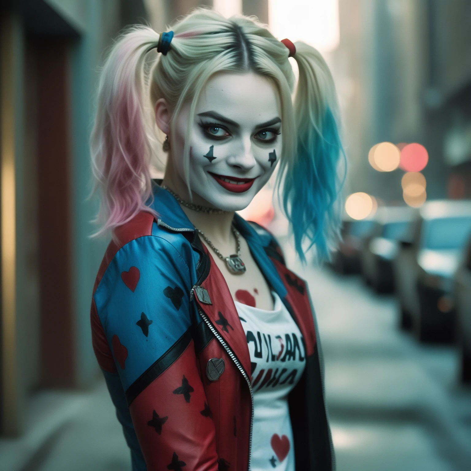 Portrait of (ohwx woman) <lora:margot_lora_sdxl_v1-000006:1> as harley quinn, in the movie Suicide Squad, dyed hair, highly detailed, cinematic look, city at night,