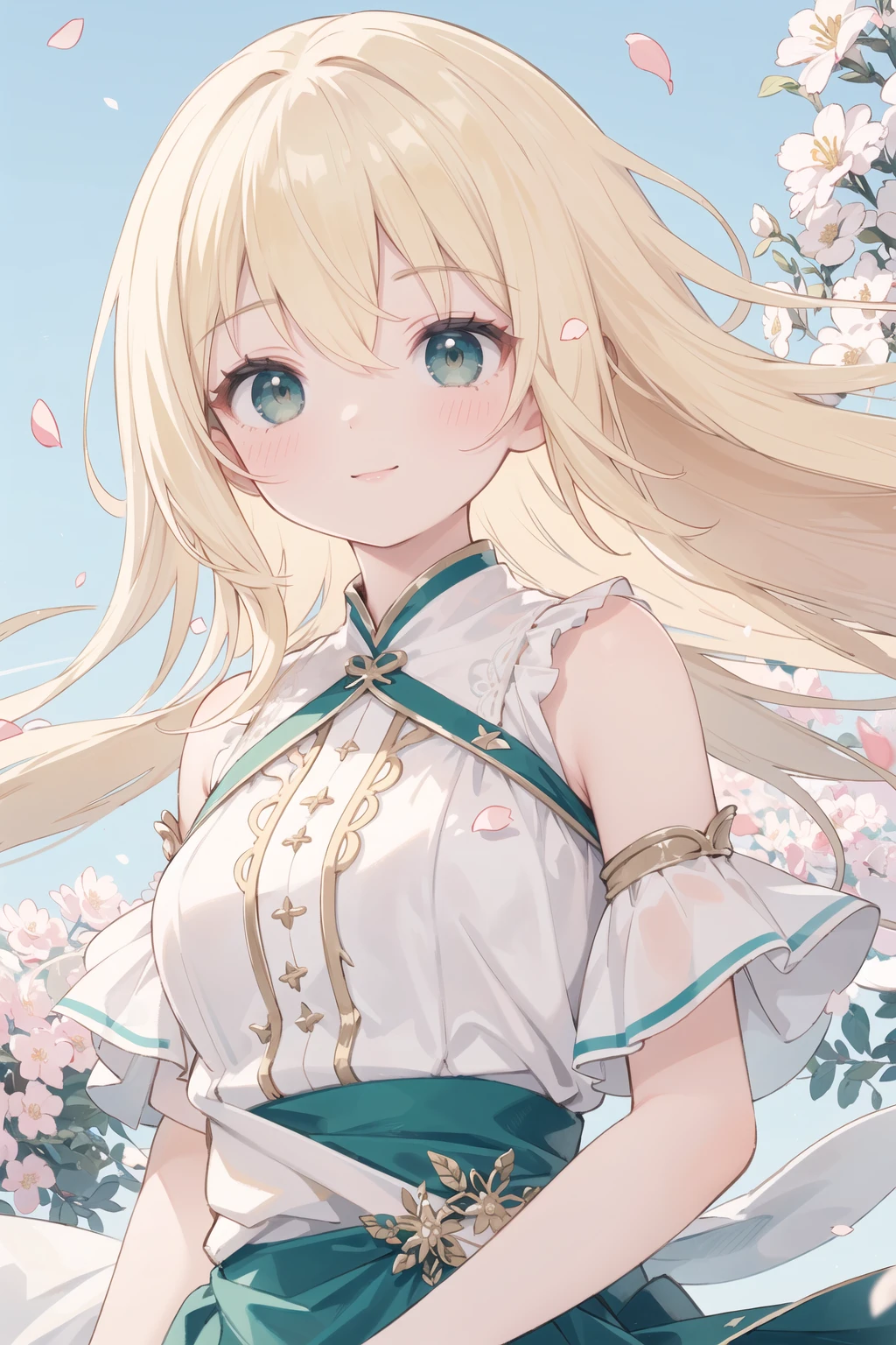 (masterpiece), (best quality), (ultra-detailed), (solo), 1girl, long blonde hair, dropping green eye, (extremely delicate and beautiful fabric), (beautiful detailed sky), beautiful details in the wind, flying splashes, flying petals, wind, smile