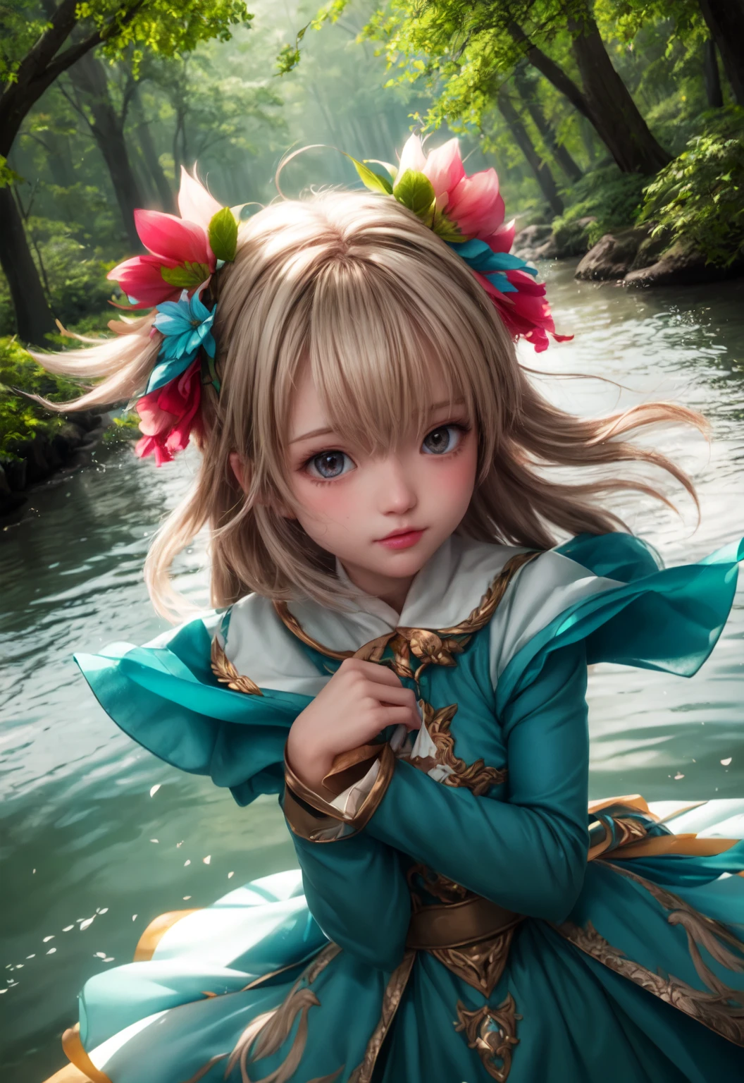 girl in a forest with floating flowers, river, puffy, puffy cheeks, cute,
vibrant colors, colorful art style, 
soft lighting, soft shadows, detailed textures, dynamic lighting,  
nice hands, perfect hands, 
<lyco:GoodHands-beta2:1.0> 
<lora:add_detail:1>