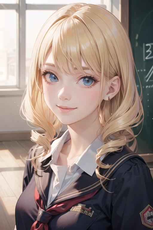 realistic lighting, Increase quality, upper body, slender, cute face, smile, beautiful details eyes, 20yo, pretty, drill hair,blonde hair,school uniform,