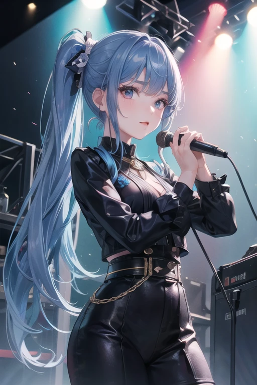 Korean 1girl,side ponytail, blue hair, black eyes,(idol costume),stage,stage lights,8k raw photo,