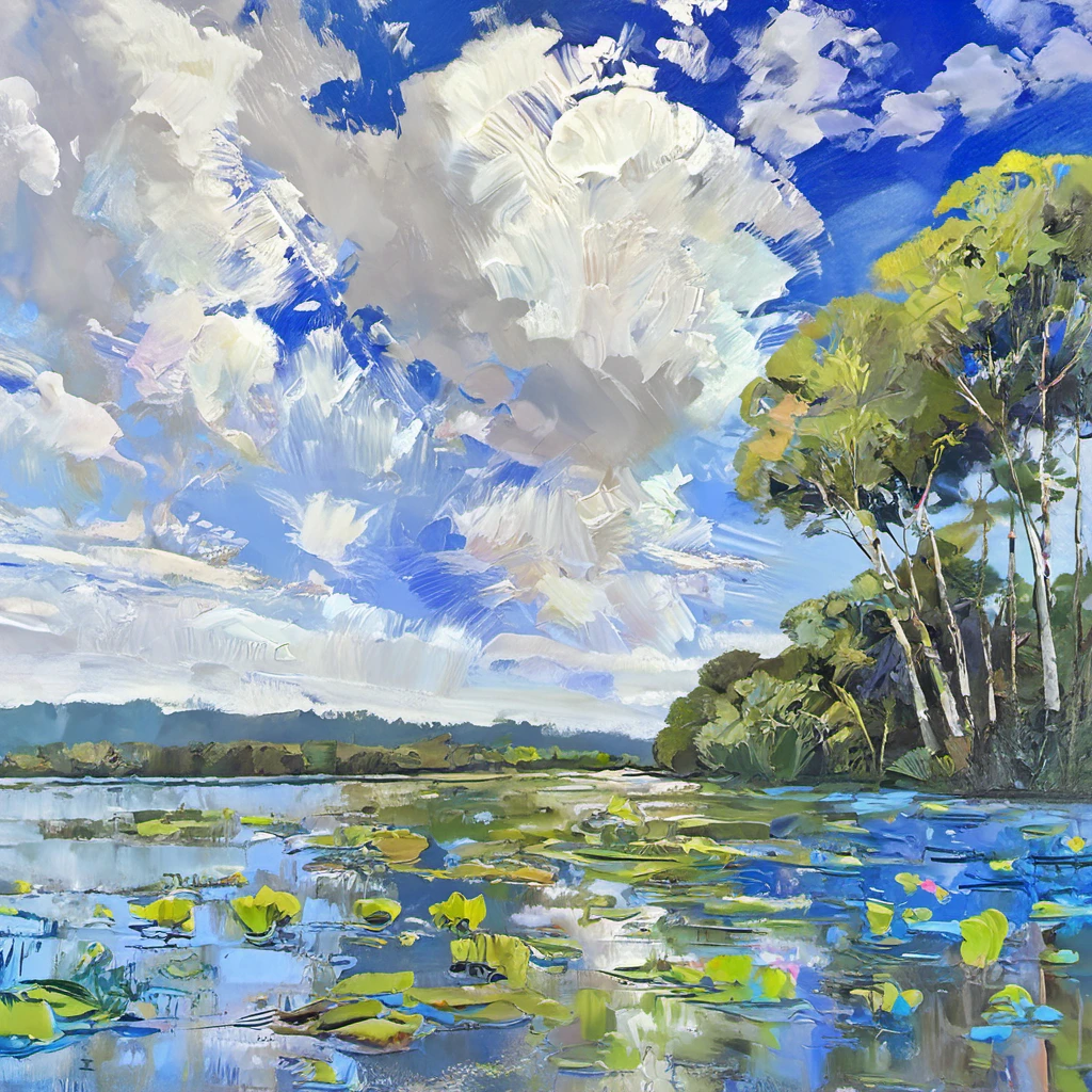 bichu,masterpiece,oil painting,masterpiece, serene jungle lake, surface like a mirror, reflecting the trees and blue sky, surrounded by dense rainforest, beams of sunlight streaking through treetops, tranquility, not a ripple on the water, intricate details of foliage, wading birds by the shoreline, brightly colored flowers dotting banks, expansive vista of wilderness, highly detailed texture, photorealistic style, 1:1 scale, cinematic composition, atmosphere of peace, volumetric mist, 8K resolution