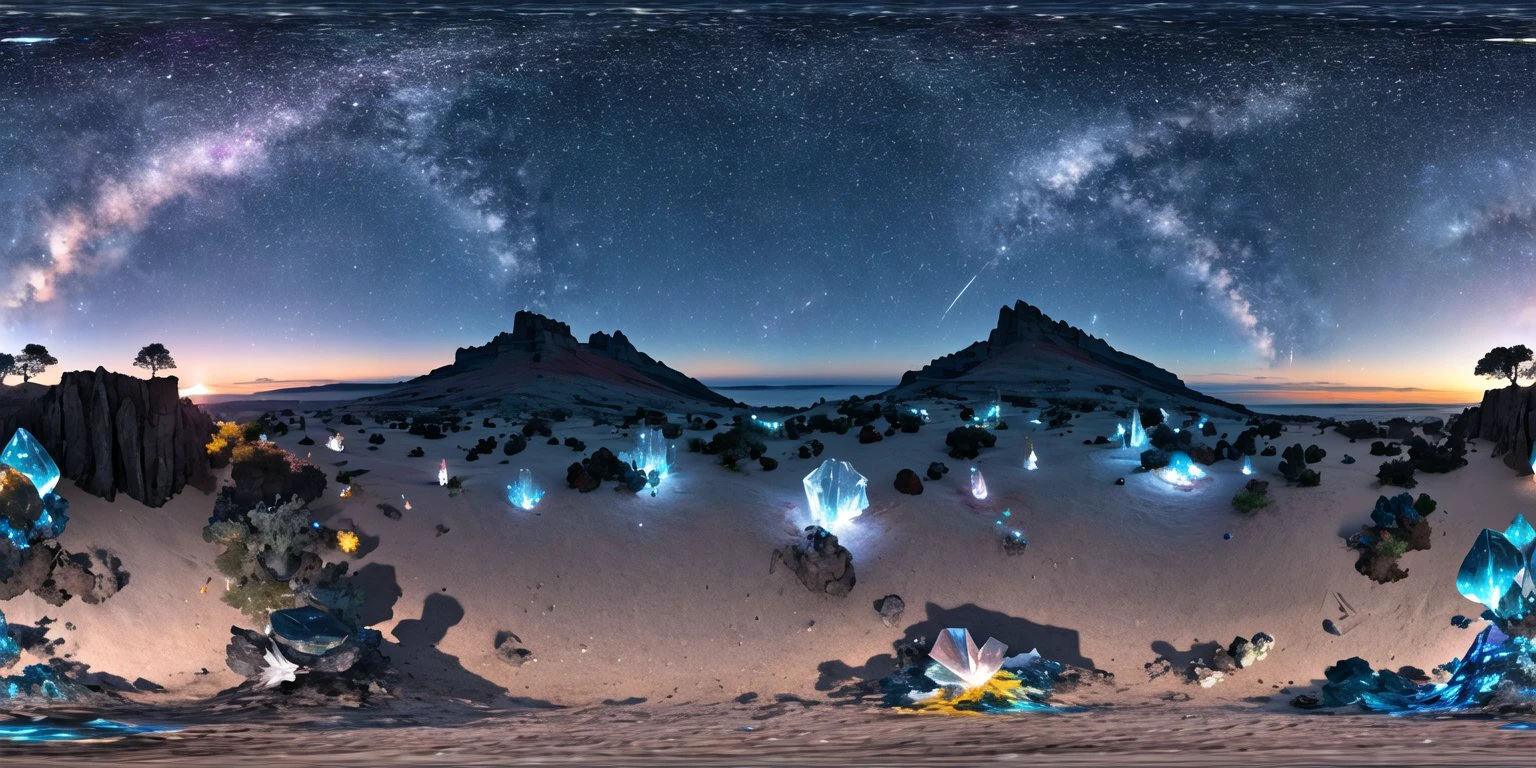 <lora:360:1>, panorama, 360,
An otherworldly alien landscape with vibrant crystal formations, exotic flora that lights up in the twilight, and a star-filled sky of unfamiliar constellations.
