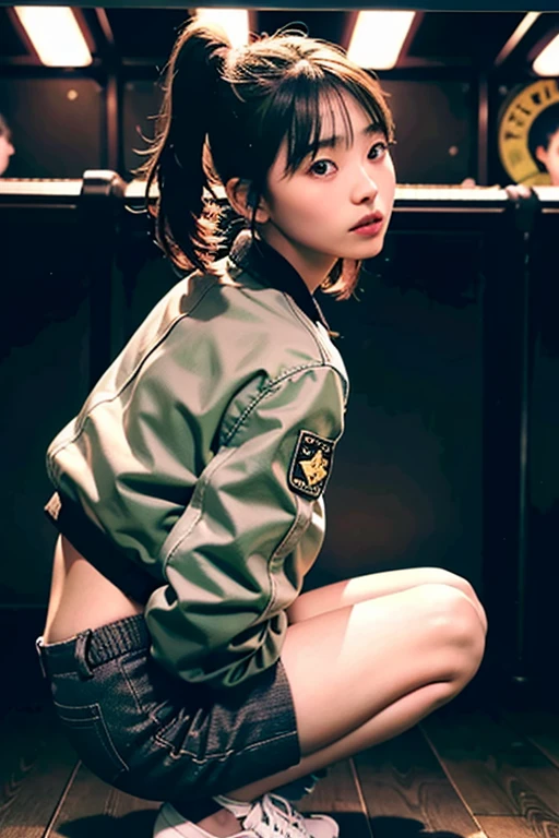 (best quality,masterpiece:1.2),1girl,solo,fair skin,8k,ultra high res,ultra detailed,best quality,looking at viewer,perfect lighting,((flat light)),ultra high quality,ultra high res,masterpiece,detailed face,perfect anatomy,<lora:kikuchihina_v01-000008:1>,bangs,long hair,brown hair,pale skin,((large breasts)),(best quality,masterpiece:1.2),high detail,bangs,(perfect face:1.3),beautiful detailed eyes,(shy face:1),pov,((dark background)),indoors,((gray background)),bomber jacket,foody,short pants,((side ponytail)),squatting,converse,full body,((amusement arcade)),((from side)),green,pink,yellow,