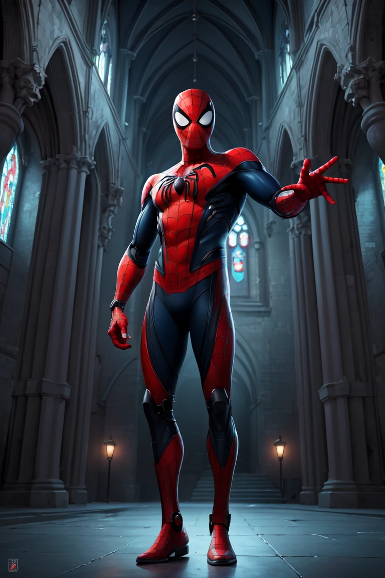 (full body:1.2), (masterpiece, best quality:1.2), gloomy portrait of Bloody Spider-Man from Marvel with intricate angular cybernetic implants inside a brutalist building, action scene, dynamic pose,gothic brutalist cathedral, cyberpunk, award-winning photo, bokeh, neon lights, cybernetic limb, super cute, Space Stage,<lora:more_details:0.3>,<lyco:GoodHands-beta2:1>,