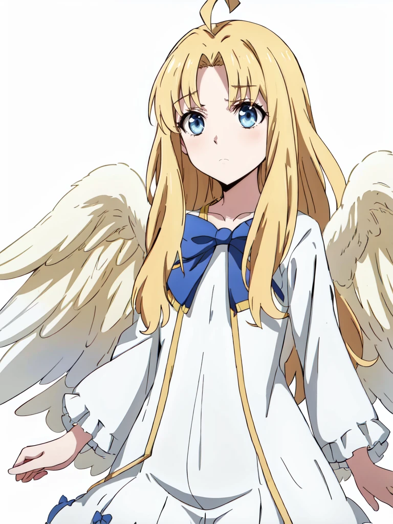 1girl, filo, solo, blue eyes, parted bangs, blonde hair, cowboy shot, white dress, gold, bowtie, white wings, wings, ahoge, expressionless, <lora:filo-ALK:1>, simple background