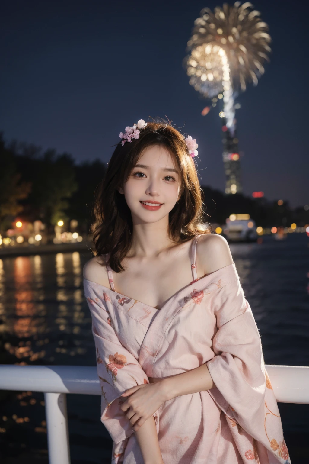 Best quality, masterpiece, ultra high res, photorealistic, raw photo, unity 8k wallpaper,firework background, riverside, wind,night,city lights,cowboy shot,film grain, Fuji XT3,
1girl,pink print kimono, laughing,happy,blush,melowh, encanto, off shoulder, against railing, head tilt, curly hair, floating hair, flower headwear, <lora:MengX girl_Mix_v30:1>