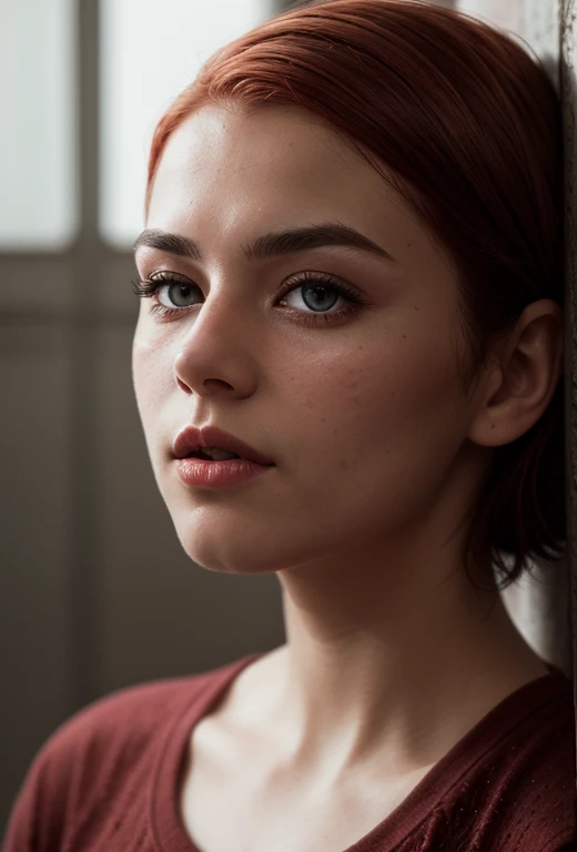 RAW photo, 50 mm, color graded portra 400 film, cinematic colorgrading, frontal full-body shot from high angle
BREAK
portrait of a beautiful blonde woman wearing a red shirt, (red slick undercut hair:1.1), she is wearing an (old t-shirt:1.1) and cropped pants, focus on eyes, perfect (grey:0.01) eyes, mascara,
BREAK
highly detailed skin, skin blemish, (textured skin, skin pores:1.2), oiled shiny skin:0.6), (moles:0.8), (imperfect skin:1.1), intricate details, goosebumps, (light freckles:0.3), (round pupils:1.1), remarkable detailed pupils, realistic dull skin noise, visible skin detail, skin fuzz, dry skin, (blush:0.5), (goosebumps:0.5), subsurface scattering, 8k, uhd, ultra high quality, dslr, soft lighting, film grain, dark, muted colors, chiaroscuro, dim atmosphere <lora:add_detail:0.1>, <lora:LowRA:0.15>, <lora:polyhedron_new_skin_v1.1:0.25>, <lora:polyhedron_all_eyes_epochs_01:0.2>
