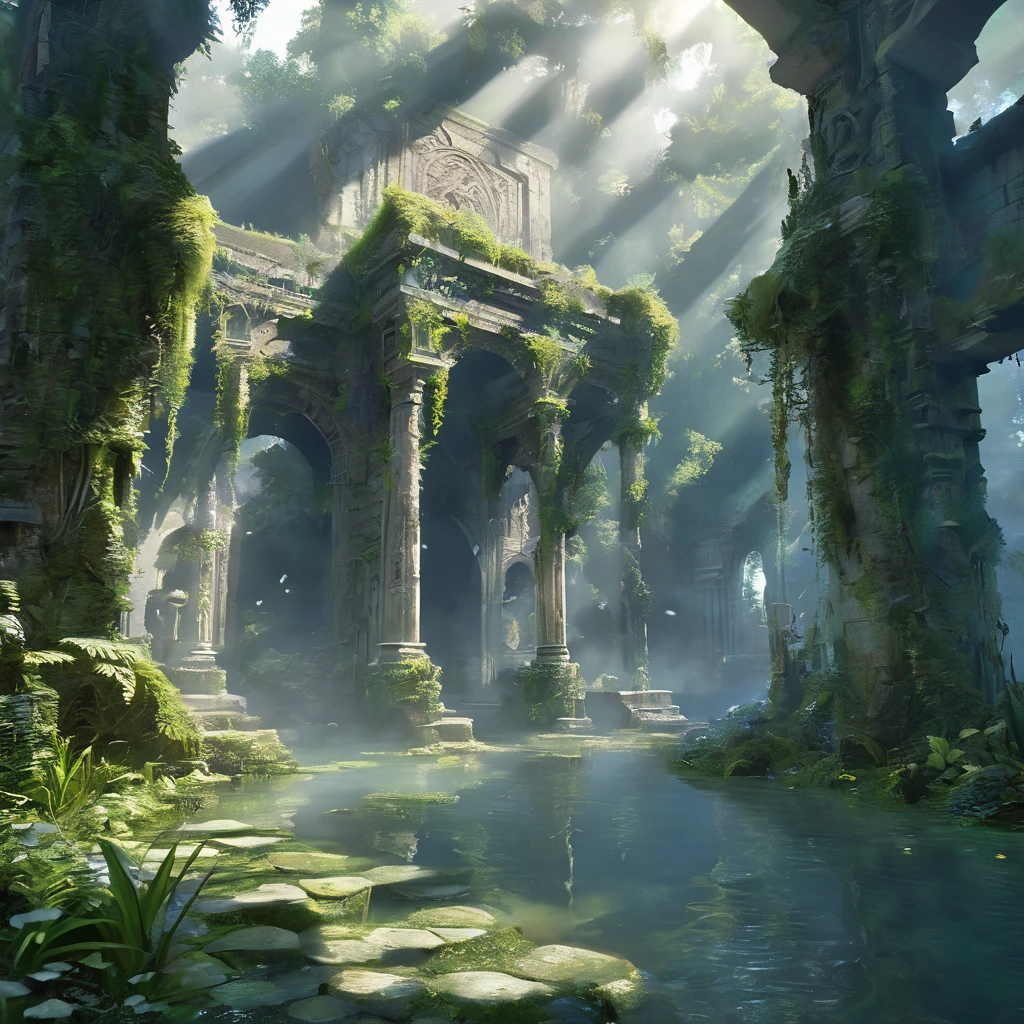 masterpiece,cinematic scene,ancient magical ruins,deep forest,overgrown with vines,crumbling architecture,ornate carvings,glowing sigils,mystical energy,shining pedestals,floating platforms,shining crystals,particle effects,Volumetric light rays,tranquil pond,fireflies,tall lush trees,stepping stones,foggy atmosphere,painterly rendering,extremely detailed elements,photorealistic style,dreamlike lighting,high resolution,depth of field,
