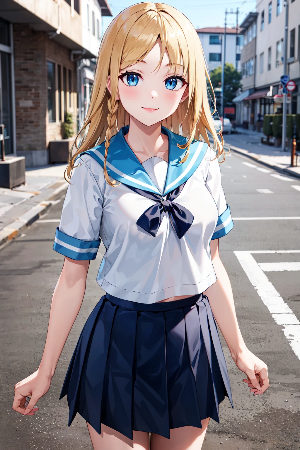 masterpiece, best quality, highres, bbhayasaka, single braid, medium breasts, school uniform, serafuku, blue sailor collar, sailor shirt, white shirt, short sleeves, pleated skirt, blue skirt, <lora:hayasaka_ai_v2:0.7>, street, standing, cowboy shot, smile