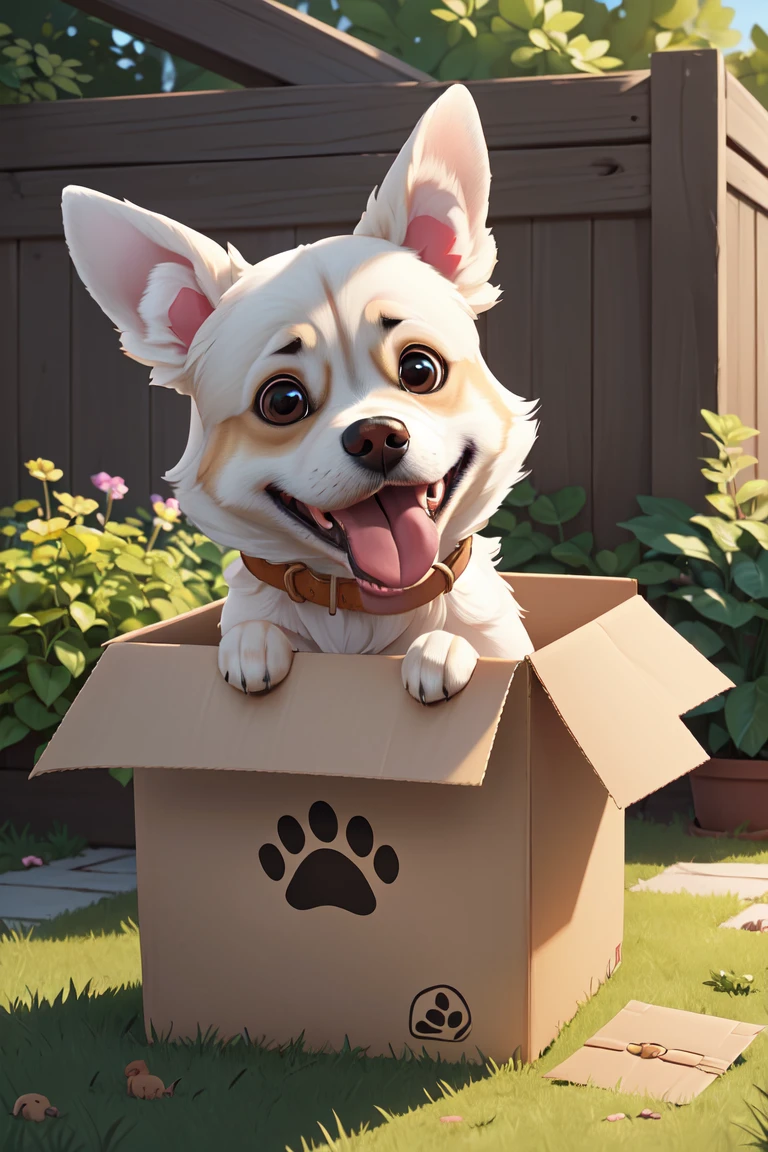 super cute,(no humans,:1.2),(best quality, masterpiece), (lovely dog:1.4), tongue out,Getting out of the box, (cardboard box:1.0), solo, animal focus, :3, facing viewer,outdoors,day,garden background, game scene mood map,Unreal Engine, cartoon rendering,(two ears:1.4)