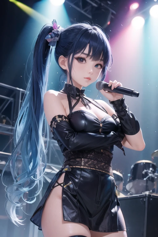 score_9、score_8_up、score_7_up、source_anime、1 person、solo、Staring at the audience、Asagi Igawa、Long Hair、Hair between the eyes、Black Hair、Blue Hair、Gothic、Goth Fashion、Black Dress、Frills、lipstick、eye shadow、make、Long sleeve、Puff sleeves、Hair Flowers、rose、jewelry、Cross Necklace、stage、microphone、concert、（shine）、Sparkle、Contrapposto、Spread your legs、Are standing、Green Eyes、Layered Dresses、Black nails、pantyhose、stageライト、Spotlight、microphoneスタンド、audience、（crowd）、Cowboy Shot、petticoat、Serious、Lips slightly open