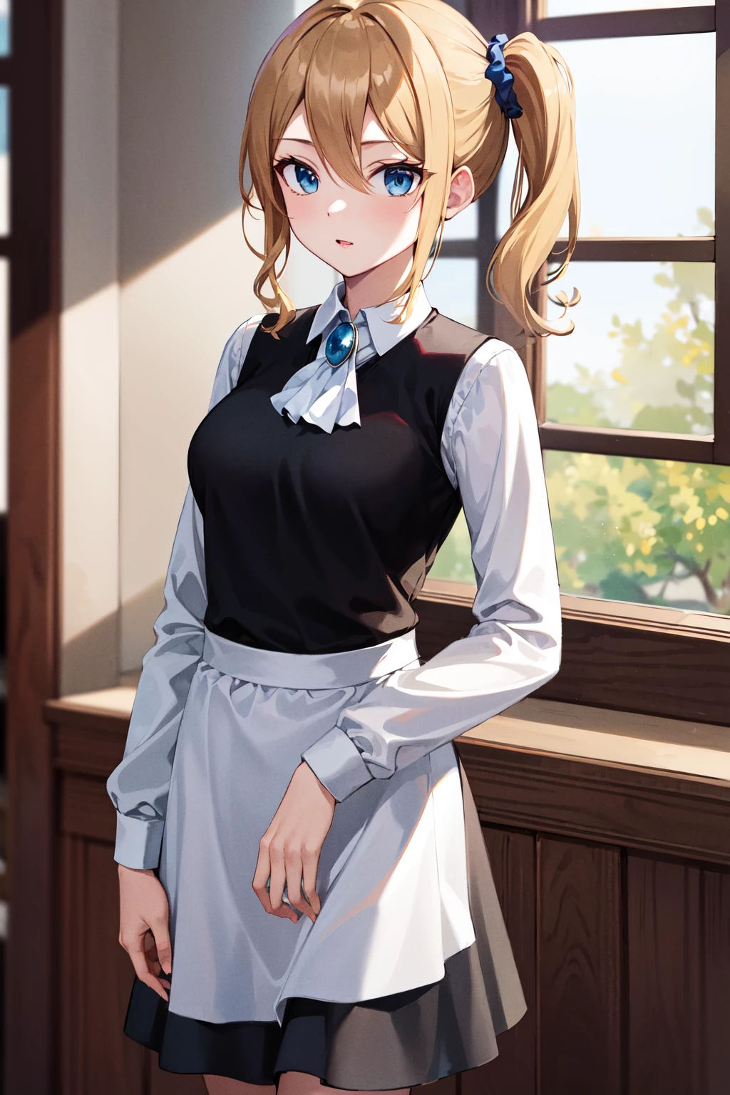 masterpiece, best quality, highres, aahayasaka, side ponytail, medium breasts, ascot, collared shirt, black vest, long sleeves, maid apron, skirt, <lora:hayasaka_ai_v2:0.7>, indoors, standing, cowboy cowboy shot,